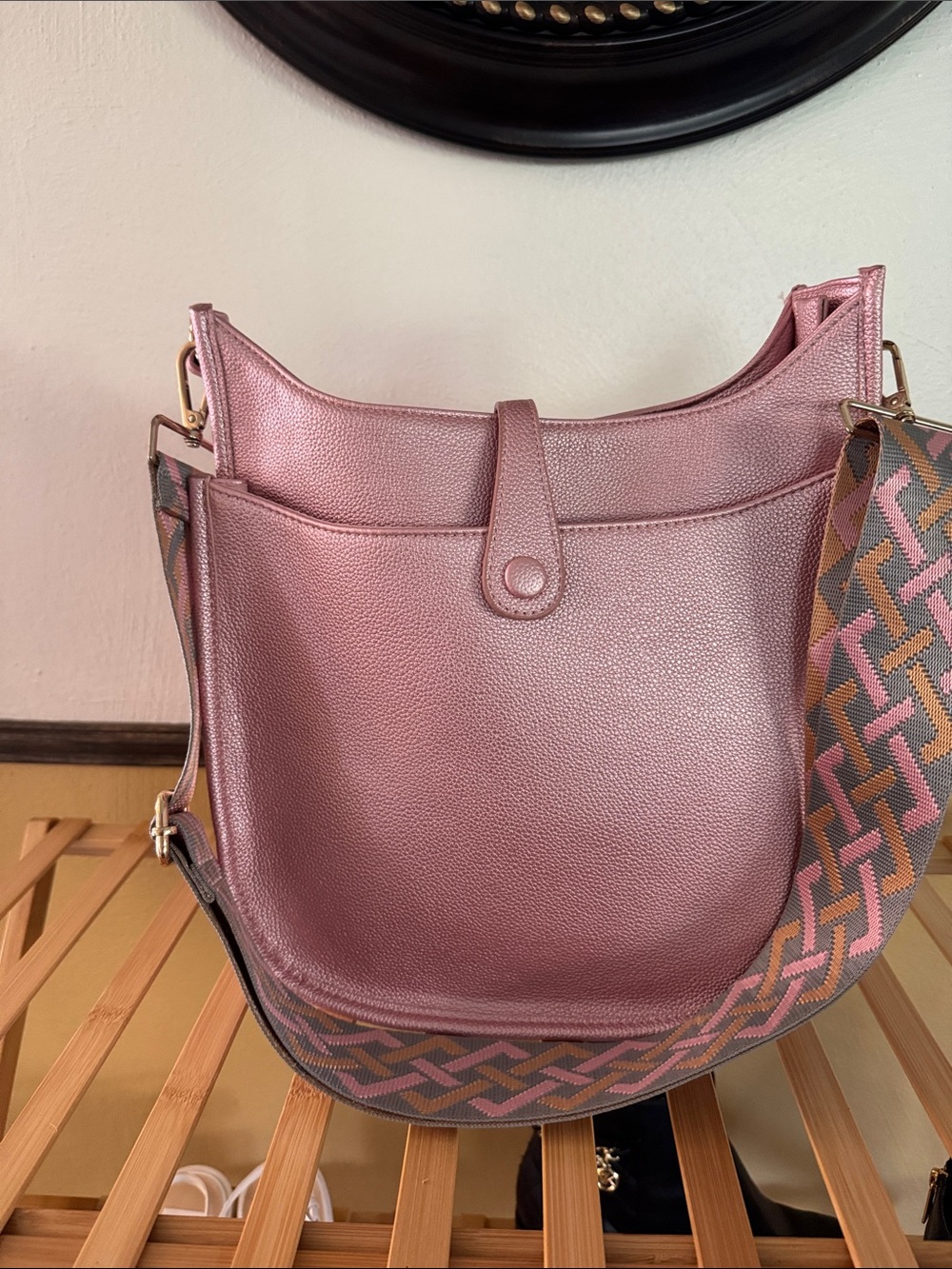 Women’s Metallic Rose Shoulder Bag with Patterned Strap